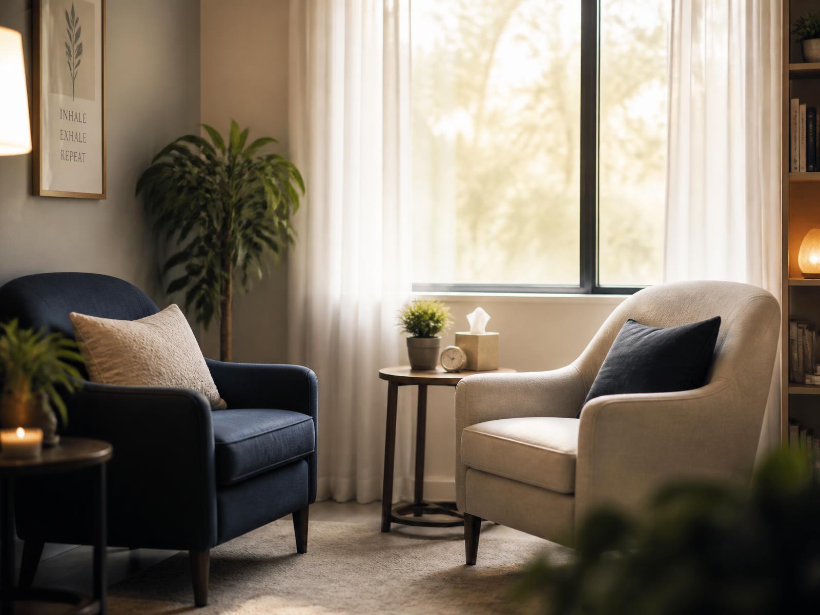 Two armchairs facing each other in a calm, sunlit counselling room